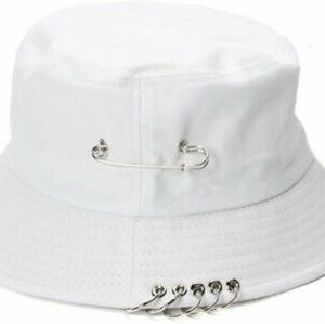 Bucket Hat Metal Hoop Punk Hip Hop White Unisex Fisherman Cap Casual Panama Rare